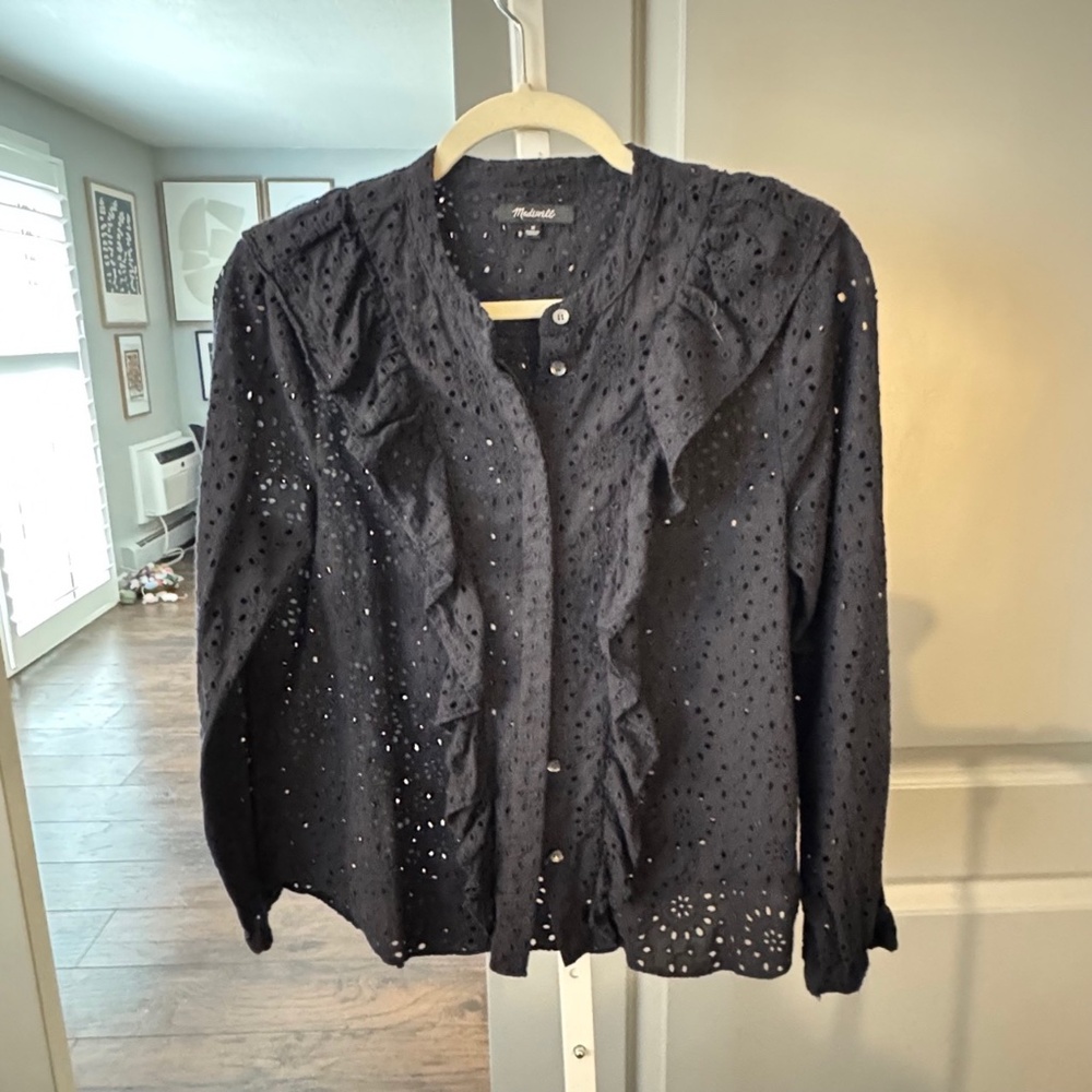 MADEWELL Black Eyelet With Ruffle Blouse SZ M